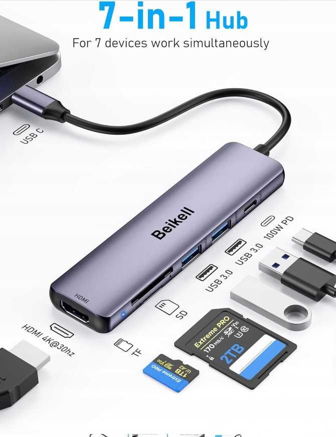 Beikell B6413 HUB USB-C 2x USB 3.0 Czytnik SD 7w1 Multiport HDMI