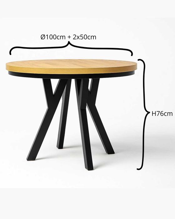Stół rozkładany okrągły złoty craft fi100 + 2x50 nogi metalowe Y loft