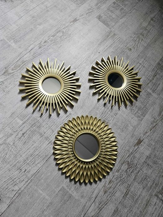 Dekoracja zestaw 3 luster w złotych ramkach do domu zawieszki