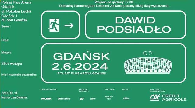 Bilety - Dawid Podsiadło niedziela 2 czerwca 2024 - Gdańsk