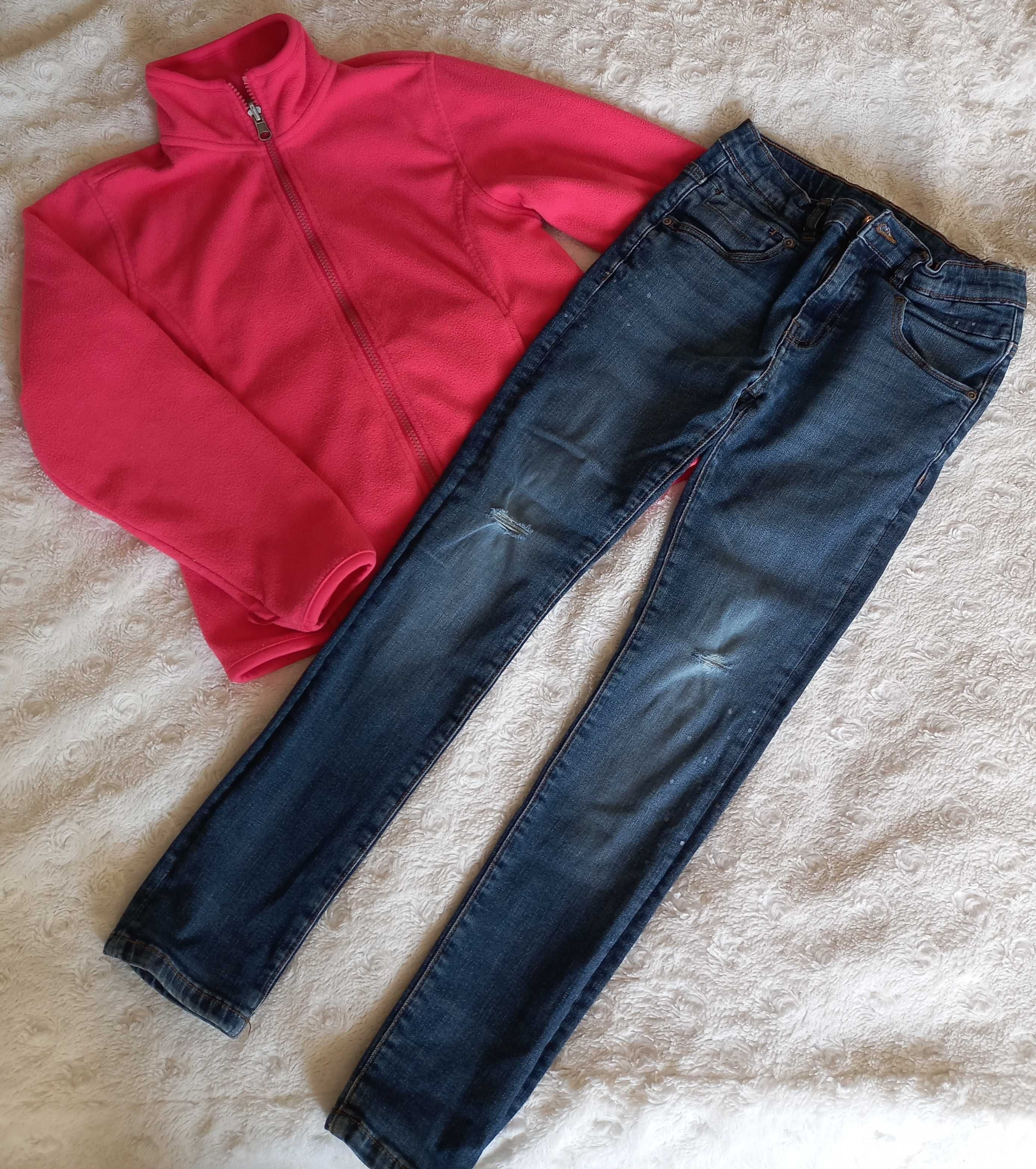 Jeansy ZARA 140cm, Różowa bluza polar, gratis bluzeczka H&M