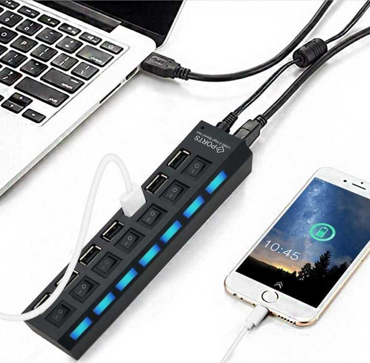 Aussel podświetlany HUB USB 7x  z włącznikami PC MAC PS4 LED Xbox Mac