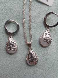 Cudny zestaw srebrnej biżuterii łańcuszek i kolczyki