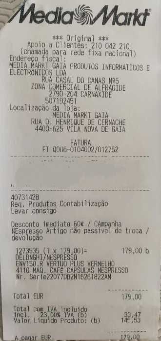 Máquina café Nespresso Delonghi Automática Vertuo PLUS Vermelha
