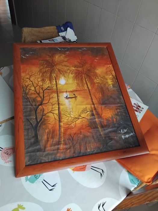 Pintura com moldura de madeira e vidro, assinado
