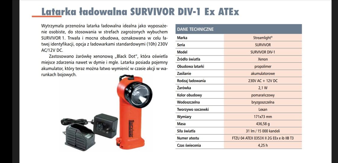 Latarka strażacka Survivor akumulator ladowarka