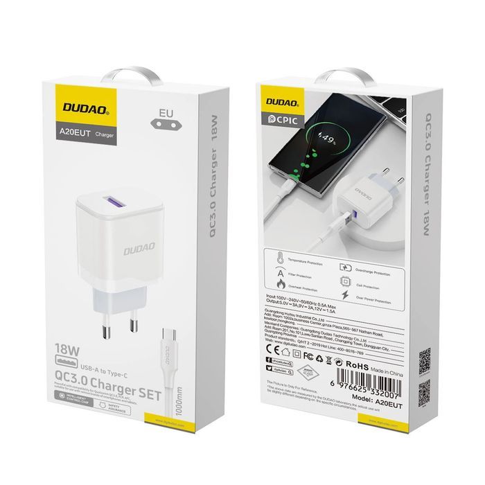 Ładowarka sieciowa Dudao A20EU USB-A 18W - biała + kabel USB-A - USB-C