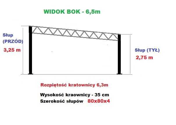 Konstrukcja skręcana wiata rolna garaż Hala Magazyn Blacha 6,5 x 6,5m