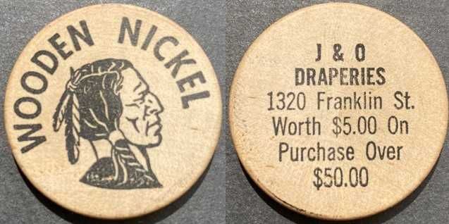 2x Wooden Nickel Token - USA - 5c - Bradford House/J & O Draperies