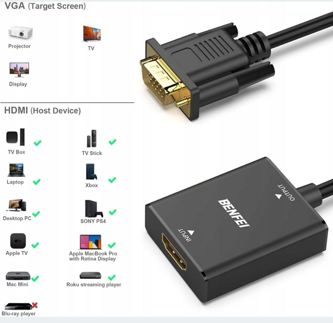 BENFEI Konwerter Adapter HDMI zestawDo VGA Audio USB