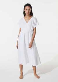 Sukienka Oysho rozmiar M 100% len kopertowy krój midi biała