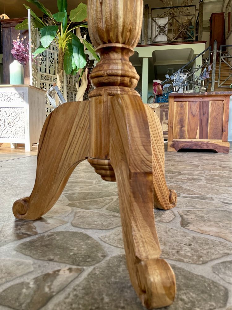 Okragły stolik wysoki stare drewno teak kolonialny ogród salon ludwik