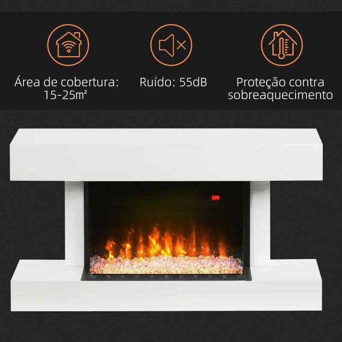 Lareira elétrica com chama ajustável e temporizador, branco