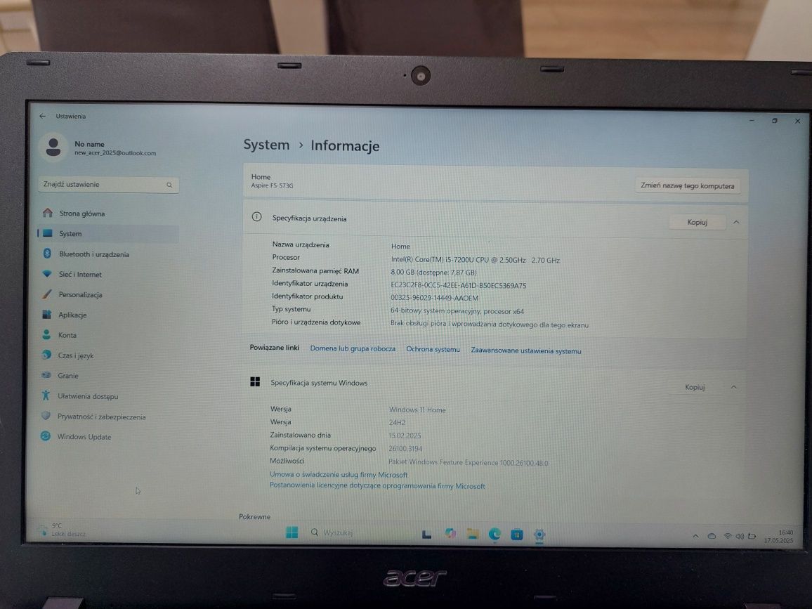 Laptop ACER Aspire F15 F5-537G i5/8GB/240 SSD/1 TB HDD/GFORCE Stan BDB