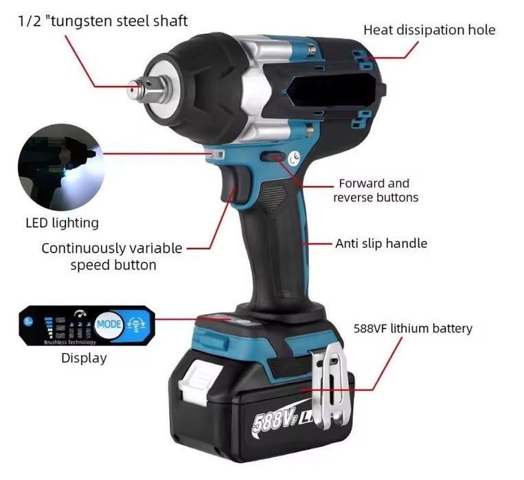 Klucz udarowy 1800Nm, bateria w systemie makity