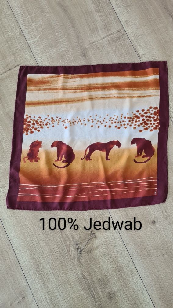 Jedwabna Chusta Apaszka Gawroszka. 100% Jedwab Silk. Lwy. Safari.