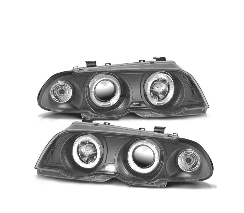 FARÓIS BMW E46 4 PORTAS 98-01 ANGEL EYES FUNDO NEGRO