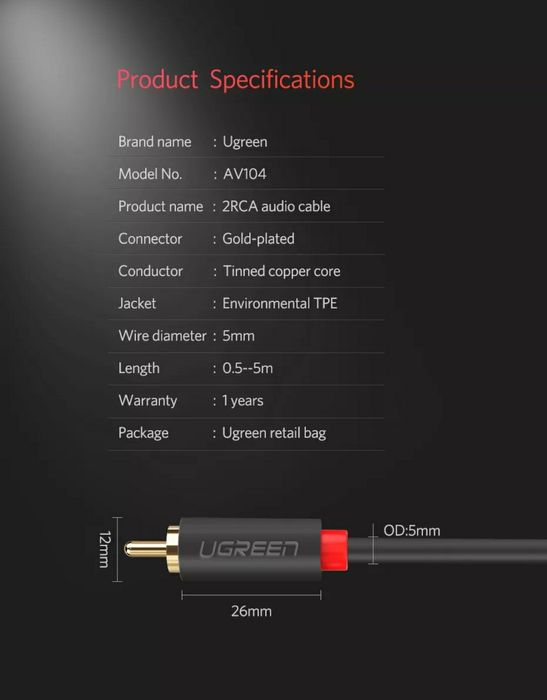 Аудиокабель 2 RCA to 2 RCA. Ugreen.