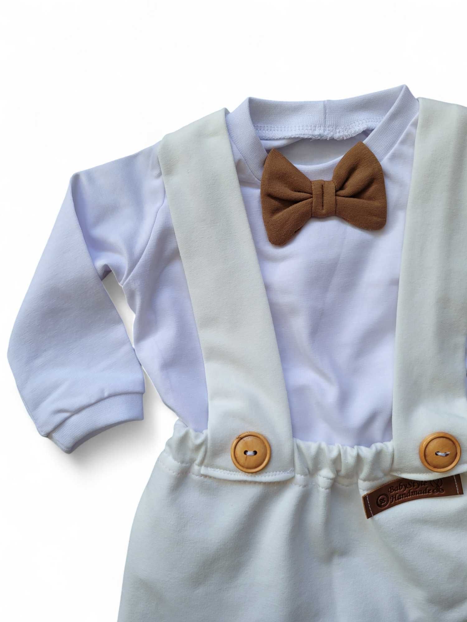 ubranie do chrztu elegancki  muszka spodnie na szelkach garniturek