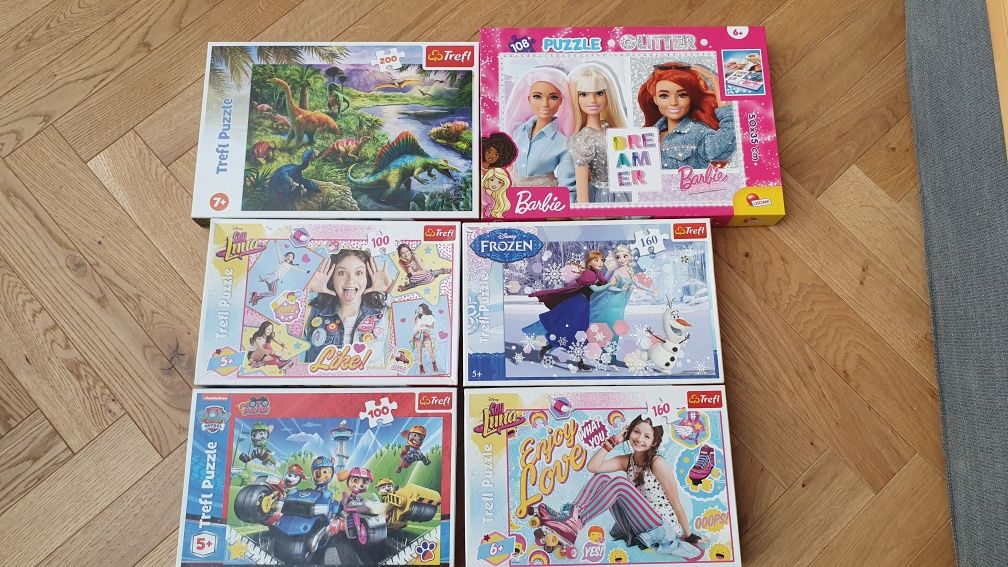 Układanki puzzle 6 zestawów Barbie Frozen Paw Patrol Soy Luna Dinozaur