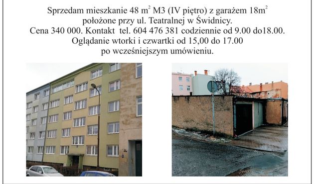 Mieszkanie 48 mkw z balkonem + garaż 18 mkw ul. Teatralna