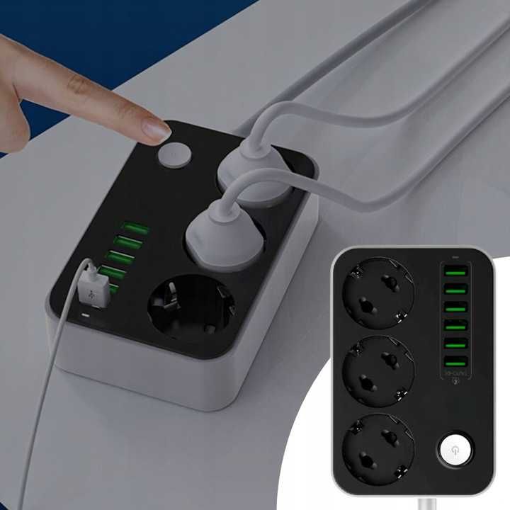 Listwa zasilająca 3 gniazda + 6x usb przedłużacz