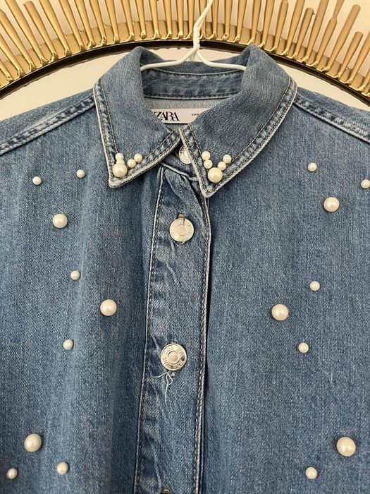 Koszula denim ze sztucznymi perłami Zara S