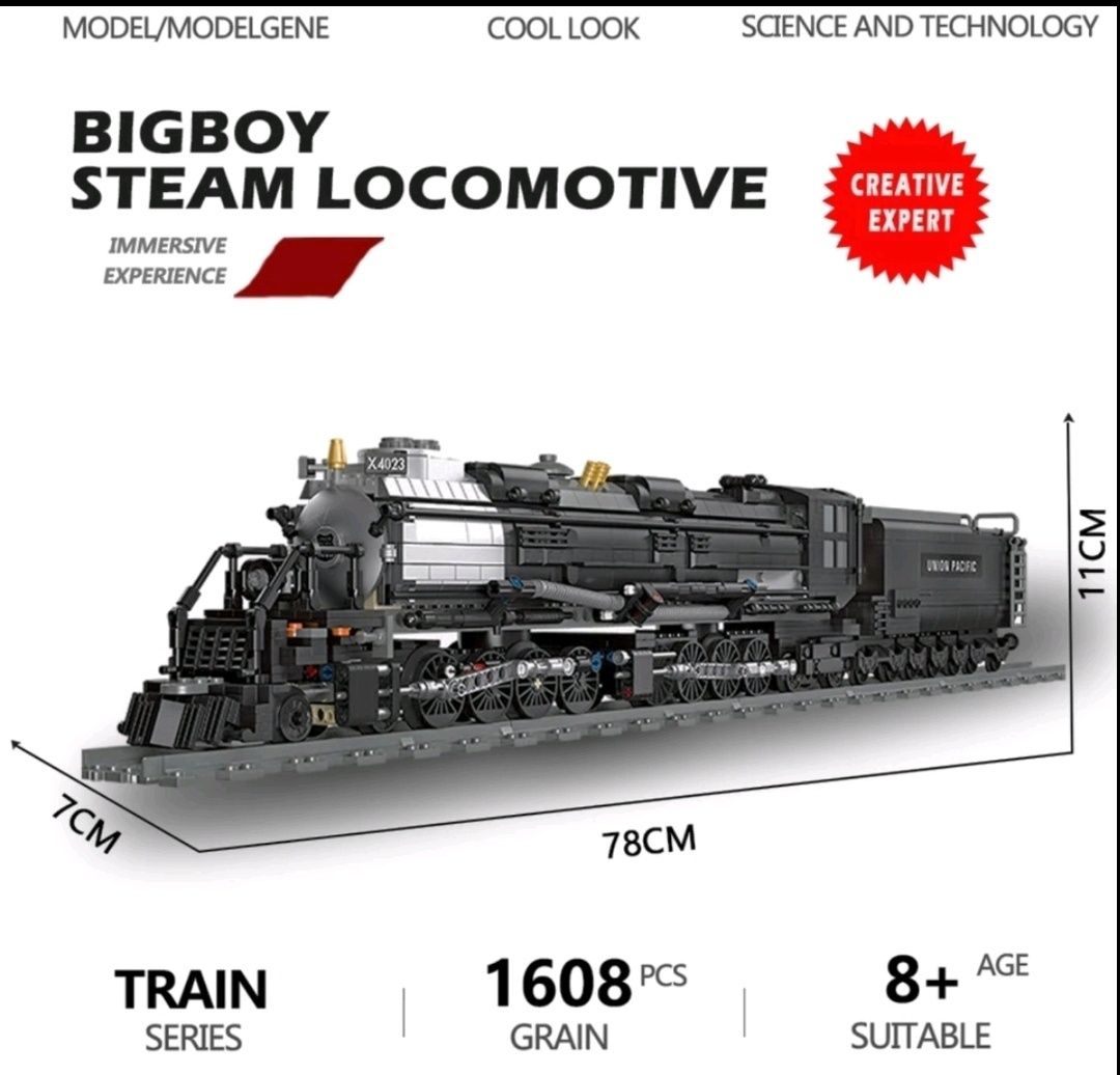 Конструктор локомотив  1в1 Lego железная дорога 1608 шт паровоз поезд