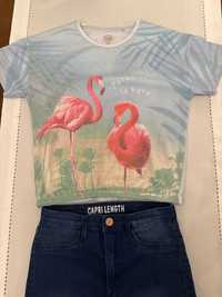 Jeansowe rybaczki H&M Capri 146 gratis bluzeczka flamingi Cool Club