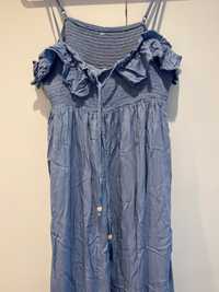 Niebieska długa sukienka maxi M jedwab rayon L na ramiączkach lato
