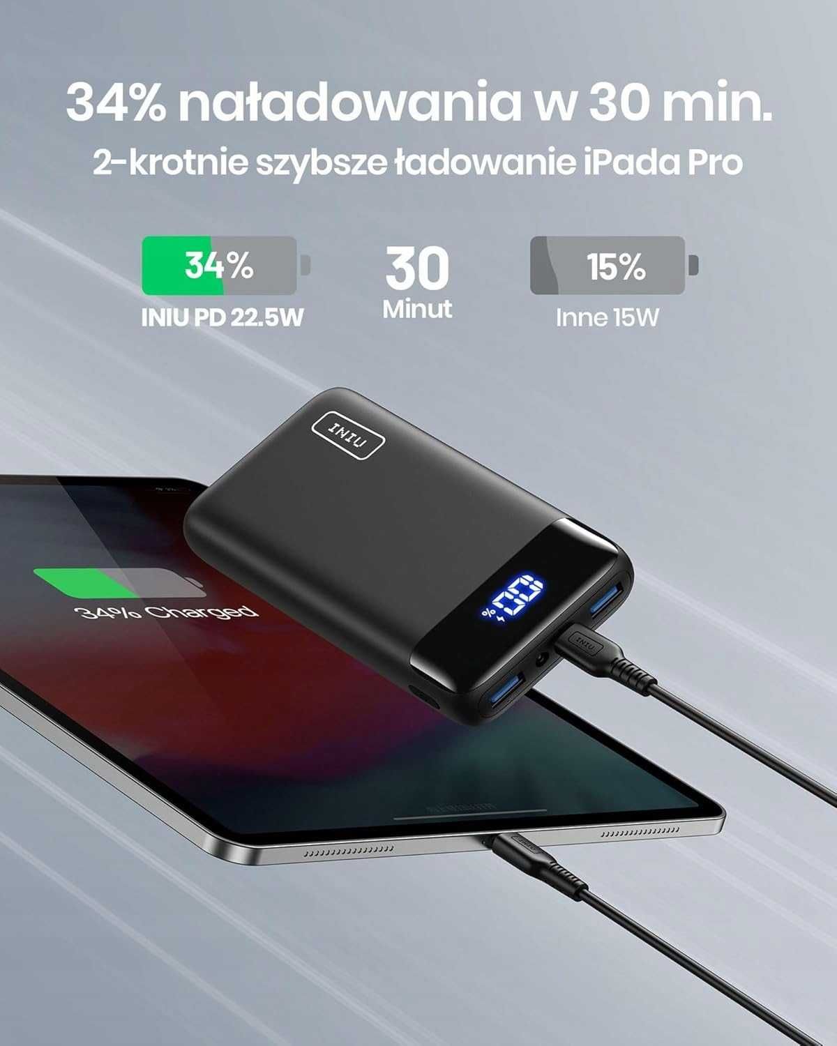 Power Bank INIU BI-B5 20000mAh mocny USB-C wyświetlacz i latarka biała