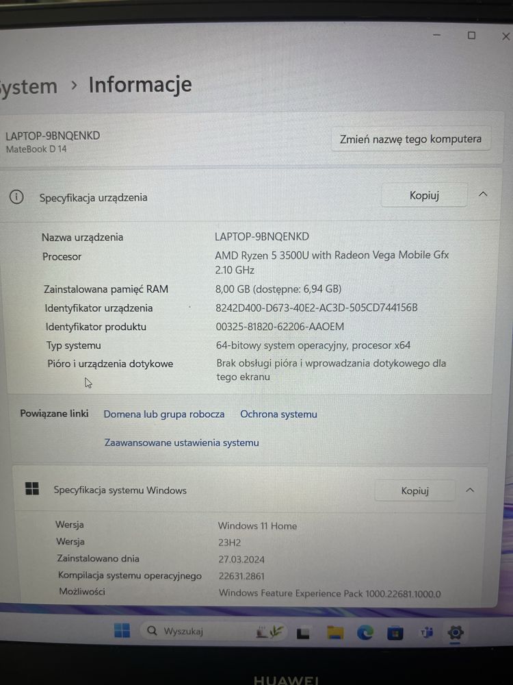 Laptop Huawei MateBook D14 14" R5 3500U 8GB RAM 512GB Dysk SSD Win11