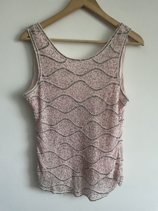 100% jedwab bogato zdobiona bluzka XL pudrowy róż cekiny koraliki