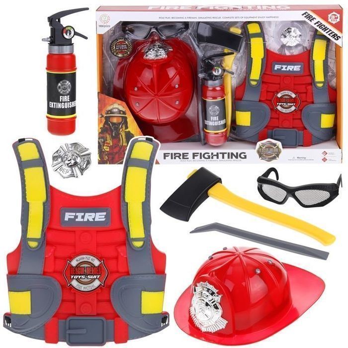 Zestaw Strażaka Strażacki Strój Straż Pożarna Kask Gaśnica Kamizelka