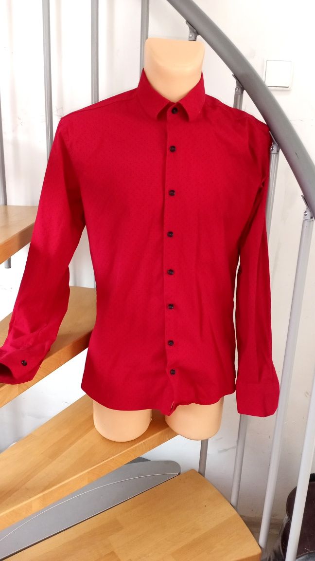 Koszula męska czerwona w czarne groszki slim fit casual elegancka nowa