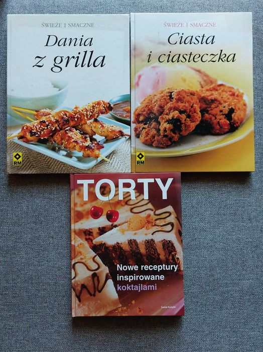 Książki kucharskie grill torty ciasta piękne ilustracje