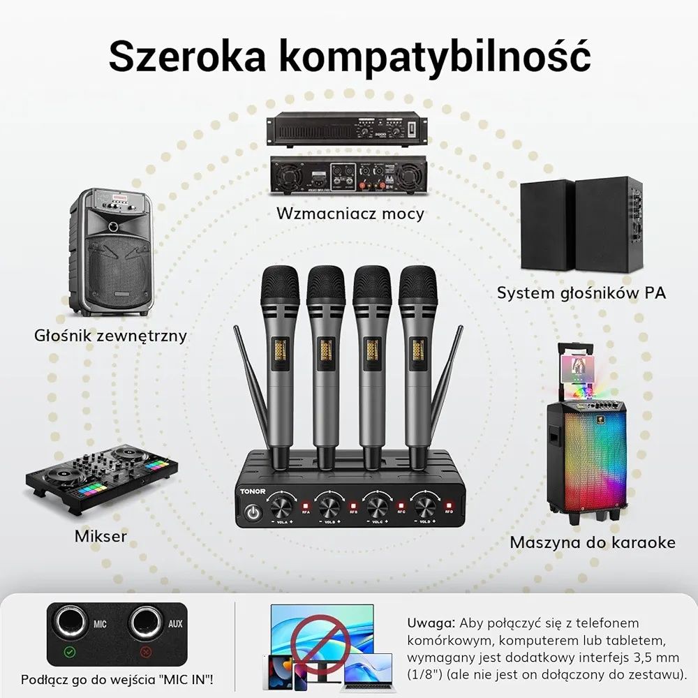 TONOR – 4x5-kanałowy system mikrofonów bezprzewodowych UHF