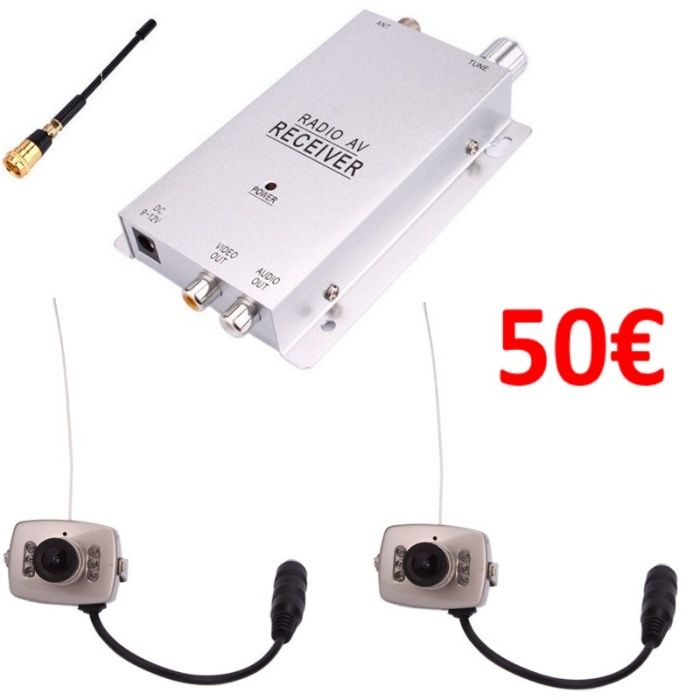 Kit 2 Mini camaras e recetor av rádio c fontes de alimentação