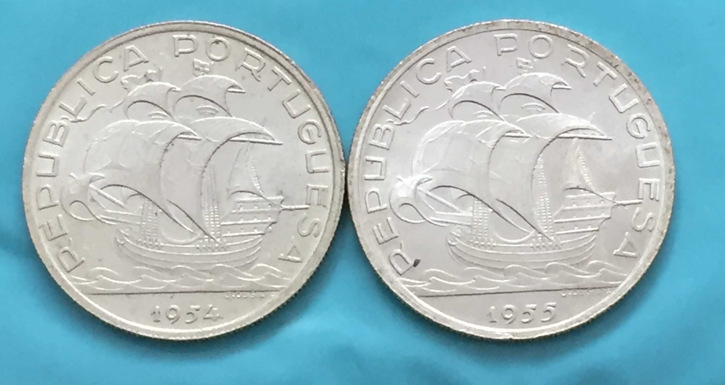 10 Escudos 1954 e 1955 - lote de 2 moedas - prata