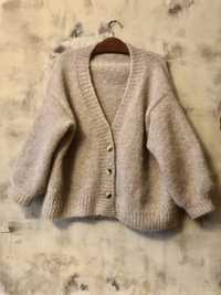 Sweter kardigan w stylu Tos recznie robiony Alpaka z jedwabiem roz.Uni