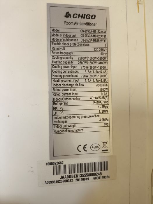 Klimatyzacja Chigo 2,5kw, używana, sprawna