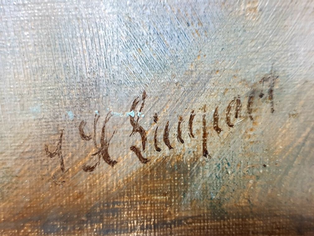 Antiga pintura de um cão Dachshund em óleo sobre tela assinada