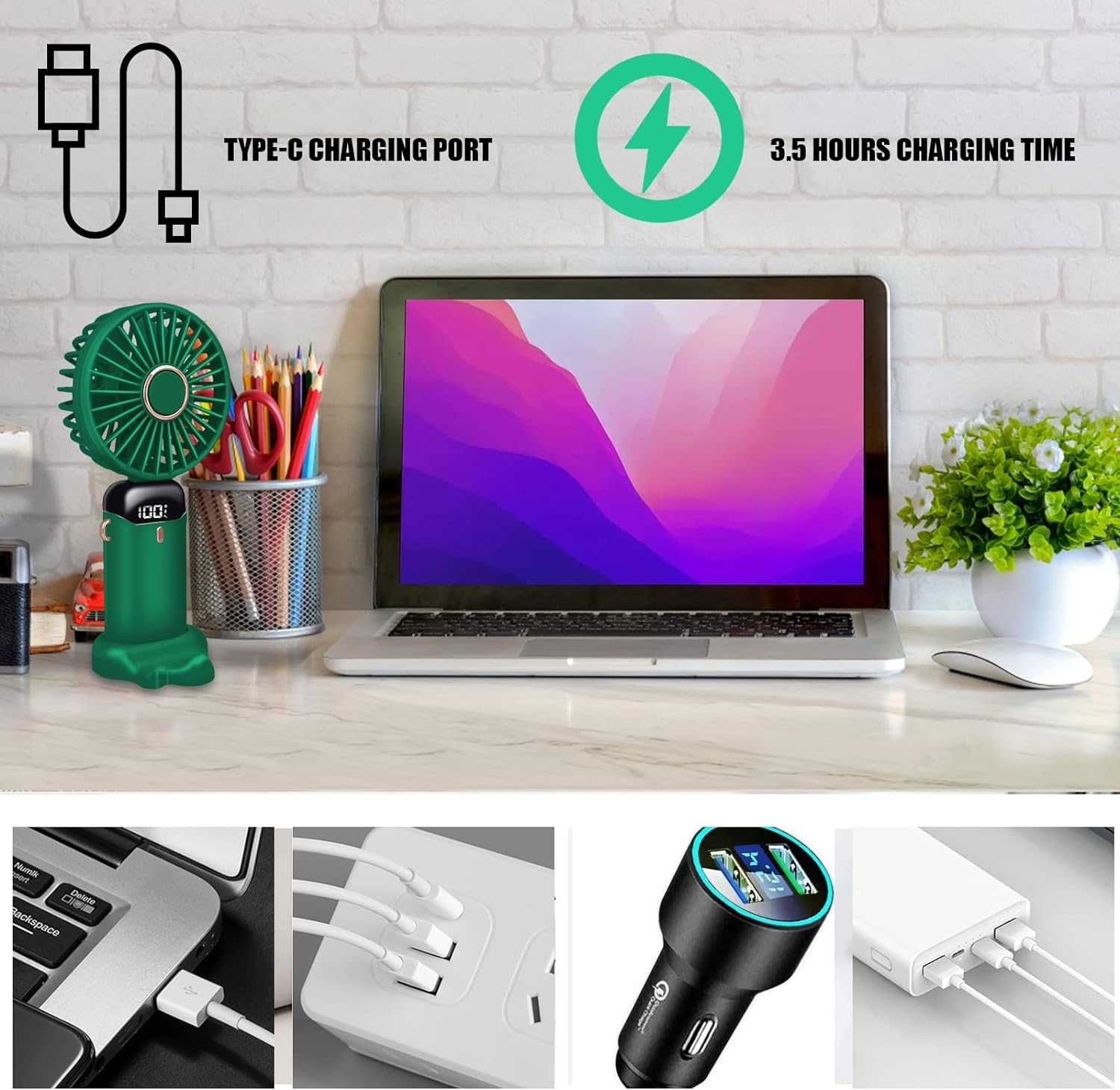Ventoinha de mão, usar ao pescoço ou de mesa USB LED    [VÁRIAS CORES]