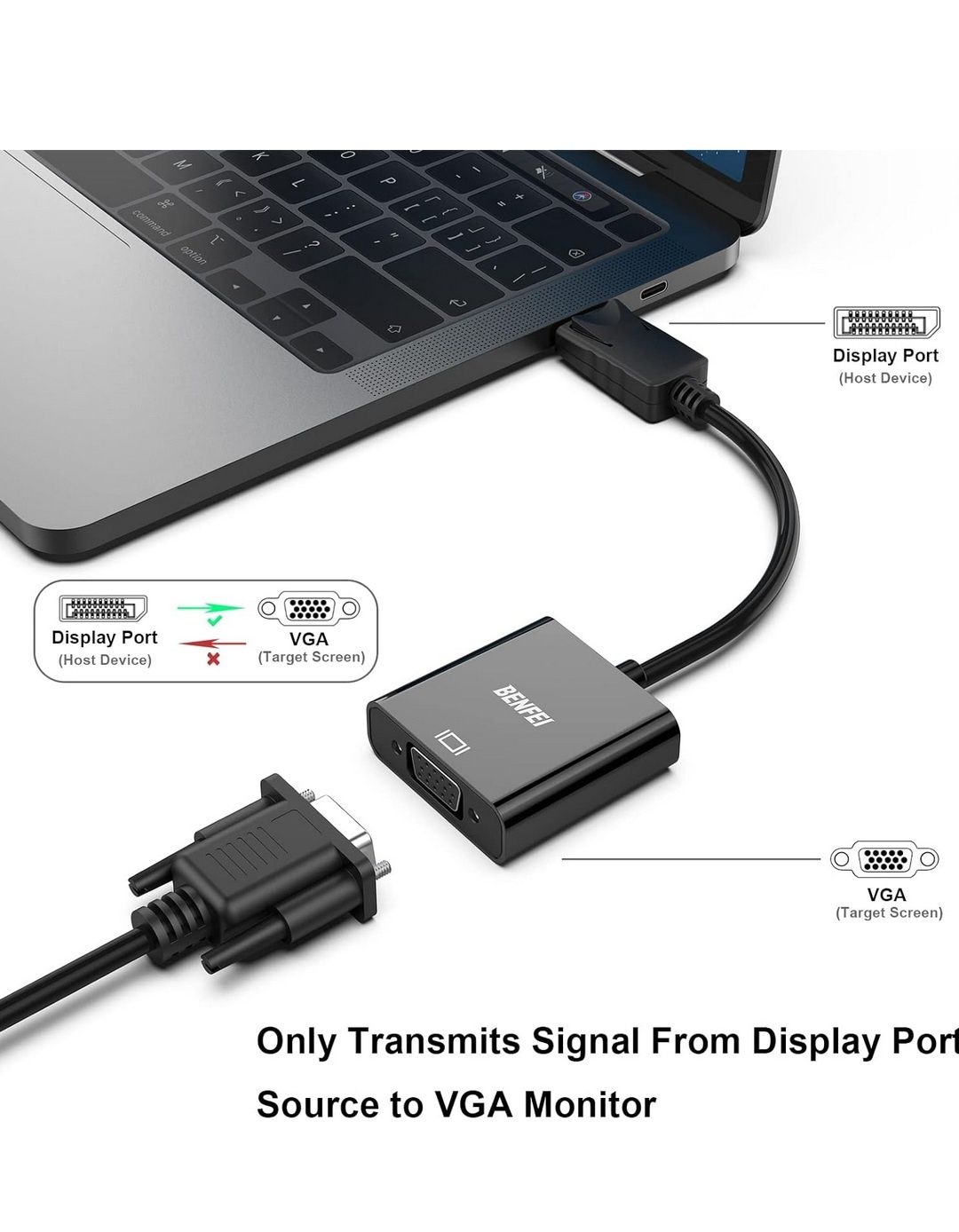 Kompaktowy, przenośny adapter DisplayPort do VGA firmy BENFEI