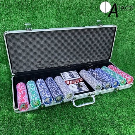 Покерный набор на 500 фишек с номиналом в алюминиевом кейсе на подарок