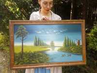 Obraz ręcznie malowany "Pejzaż MŁYN i kaczki nad rzeką" w ramie 90x55