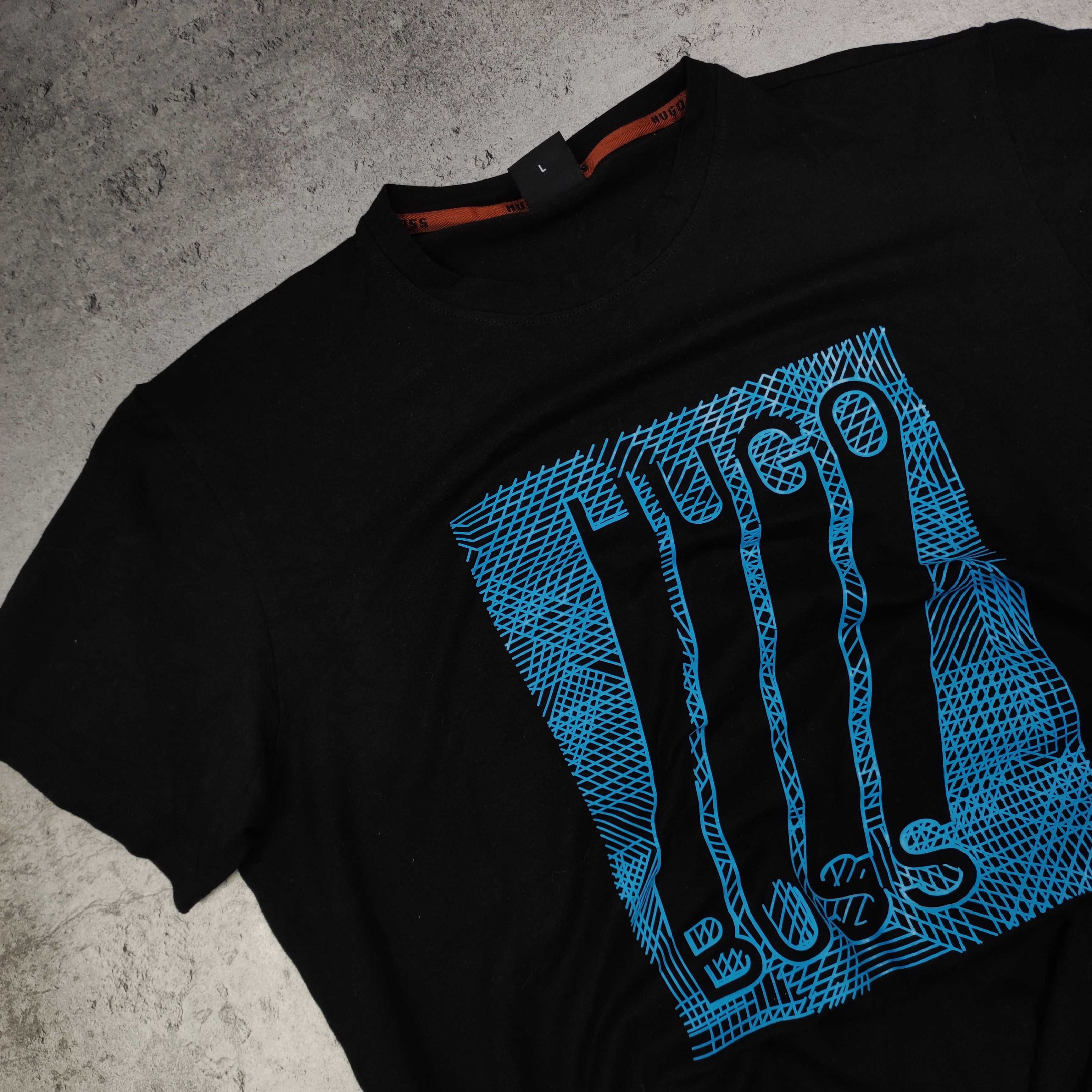 MĘSKA Koszulka Hugo Boss Czarna Bawełna Duże Logo Premium Letnia Sport