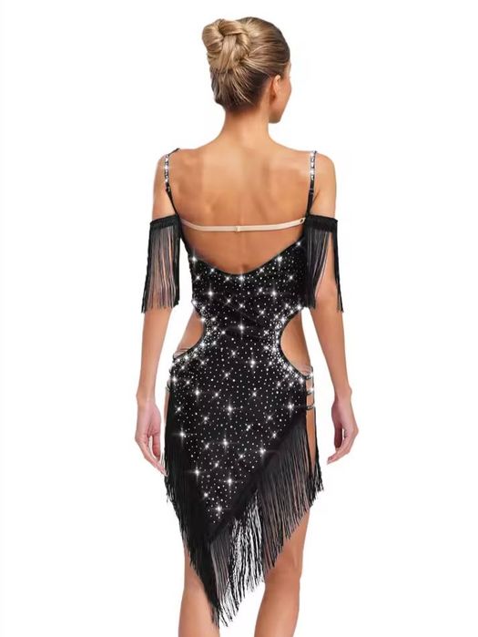 Платье для латины, открытое, бахрома, стразы, рост до 175см