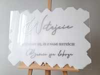 Pleksi tablica powitalna Witajcie Bawcie się dobrze srebrny napis ślub