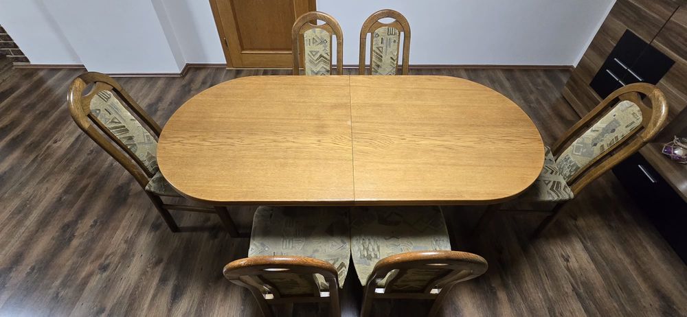 Elegancki komplet: stół dębowy rozkładany 183/248cm/91cm + 6 krzeseł